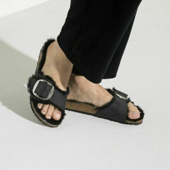 Birkenstock Madrid Big Buckle Black Oiled Leather Shearling Size 37 6 Narrow New